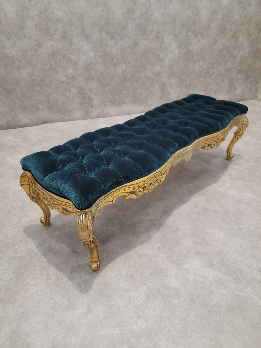 Antique Italian Rococo Style Carved Gilt Tufted Bench Newly Reupholstered in Velvet