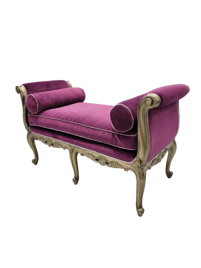 Vintage Marge Carson Carved Beauvais Bench Settee Newly Reupholstered in Velvet