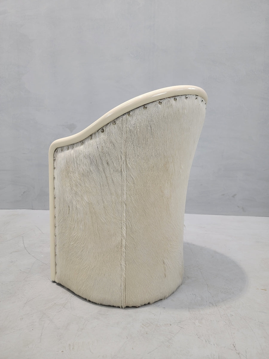 Vintage Italian Cream Lacquer Barrel Back Occasional Chair by Tonon Newly Reupholstered in Cowhide