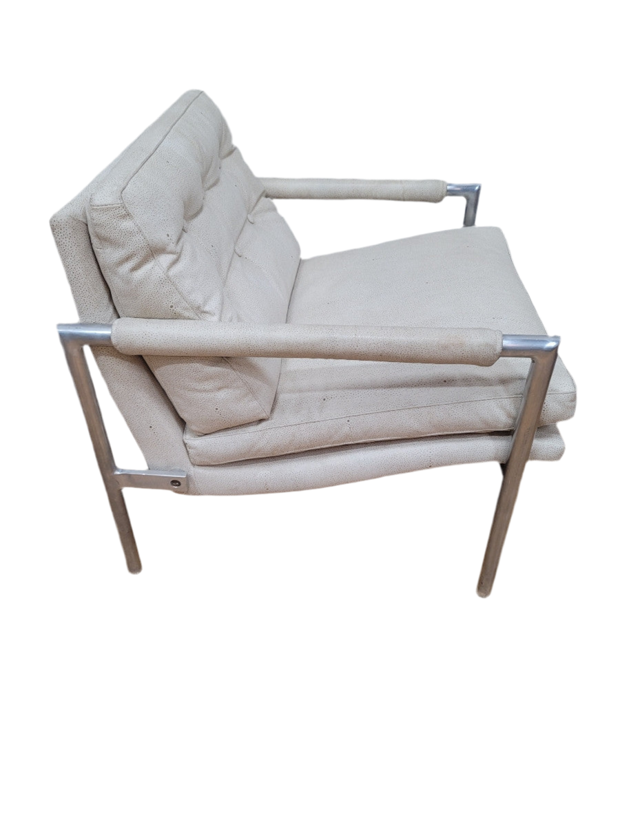 Mid Century Modern Milo Baughman Chrome Flat Bar Chair Newly Reupholstered in Cream Leather