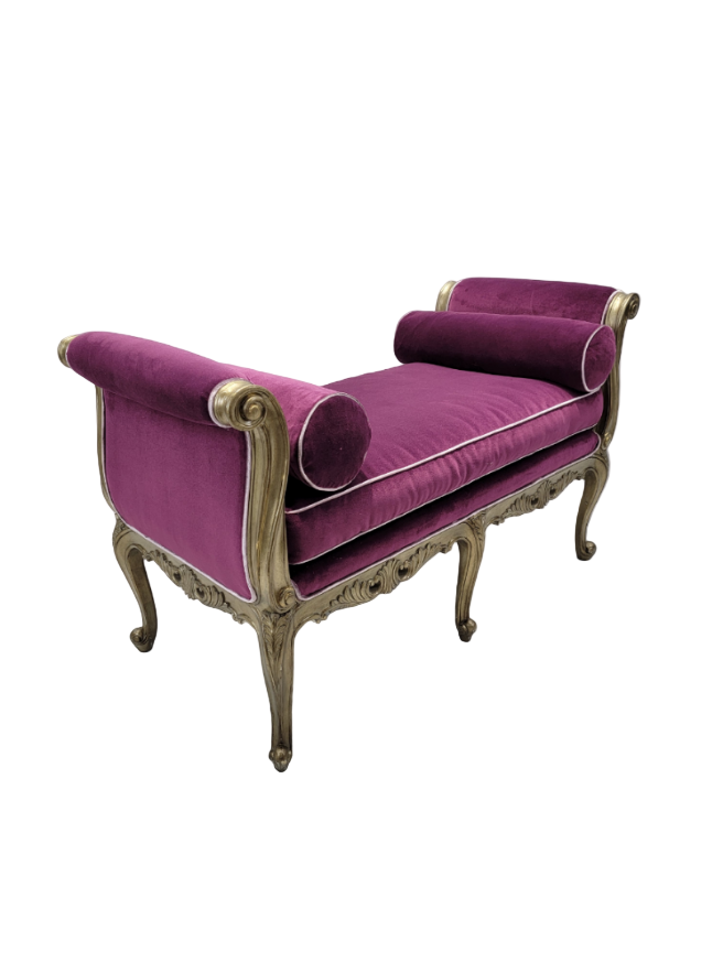 Vintage Marge Carson Carved Beauvais Bench Settee Newly Reupholstered in Velvet