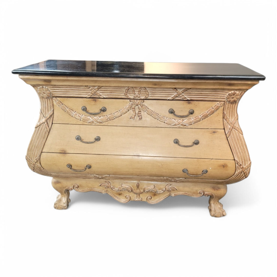 New - Vintage Italian Antiqued Style Carved Bombe Chest with Black Marble Stone Top