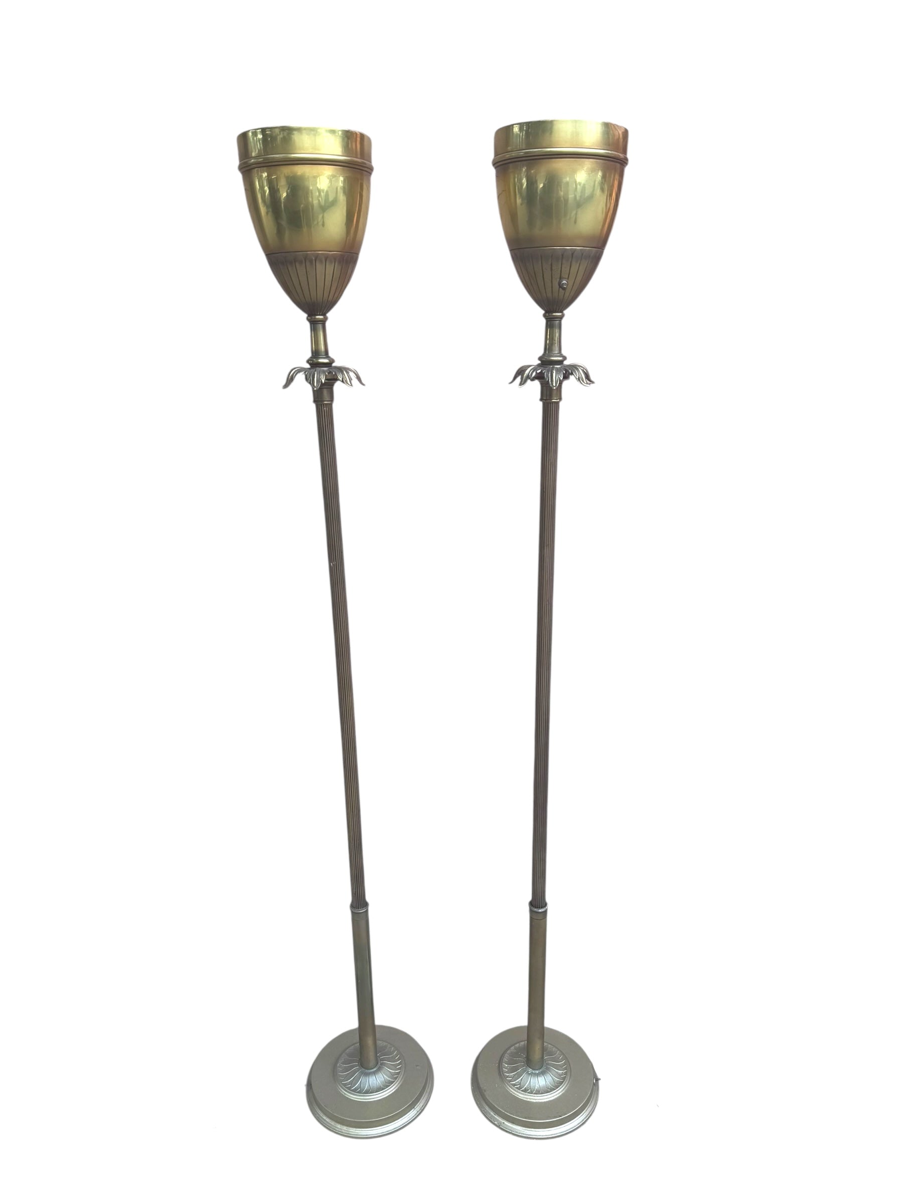 Hollywood Regency Brass Uplight Torchiere Floor Lamp - Pair
