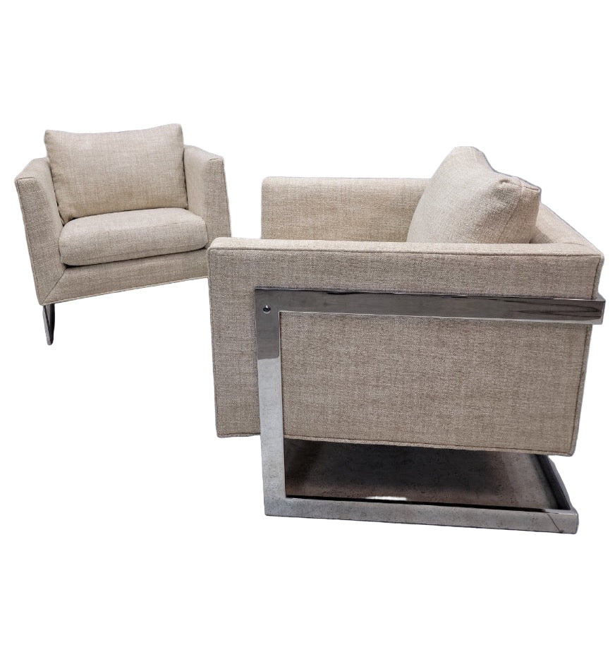 Mid Century Modern Milo Baughman Chrome Flat Bar Cantilever Chairs Newly Reupholstered - Pair