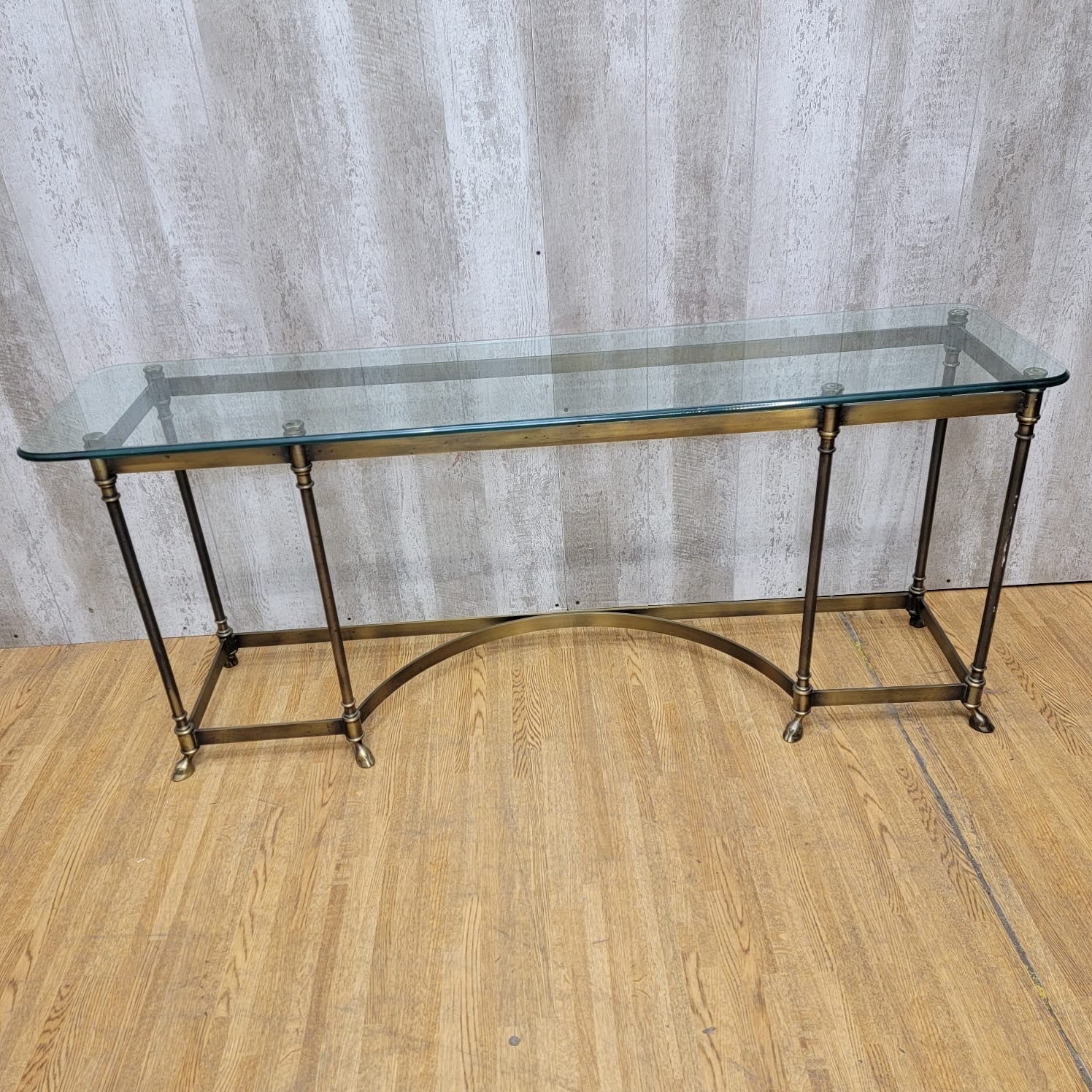 Hollywood Regency Maison Jansen LaBarge Style Brass Glass Top Console Table
