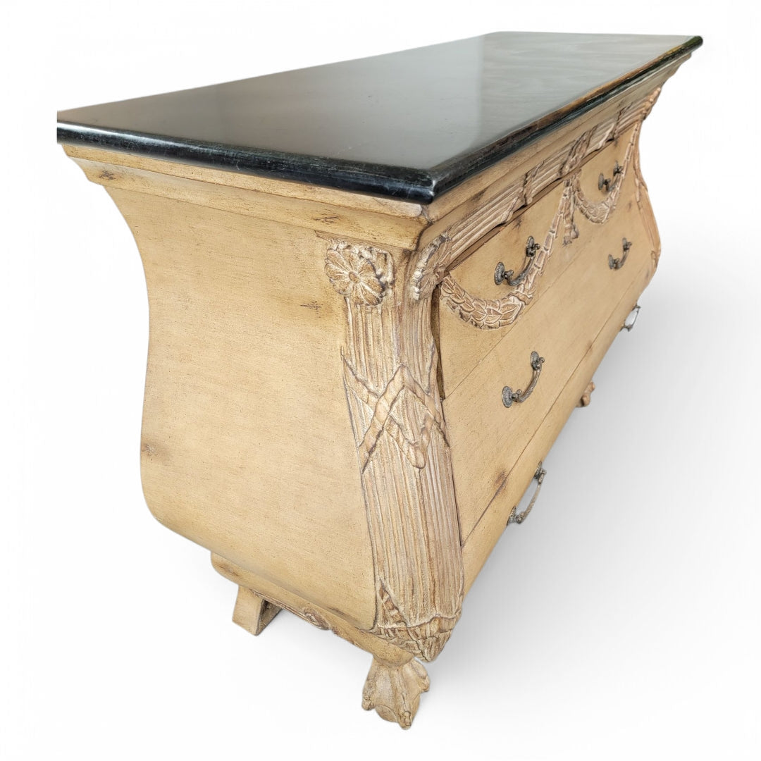 New - Vintage Italian Antiqued Style Carved Bombe Chest with Black Marble Stone Top