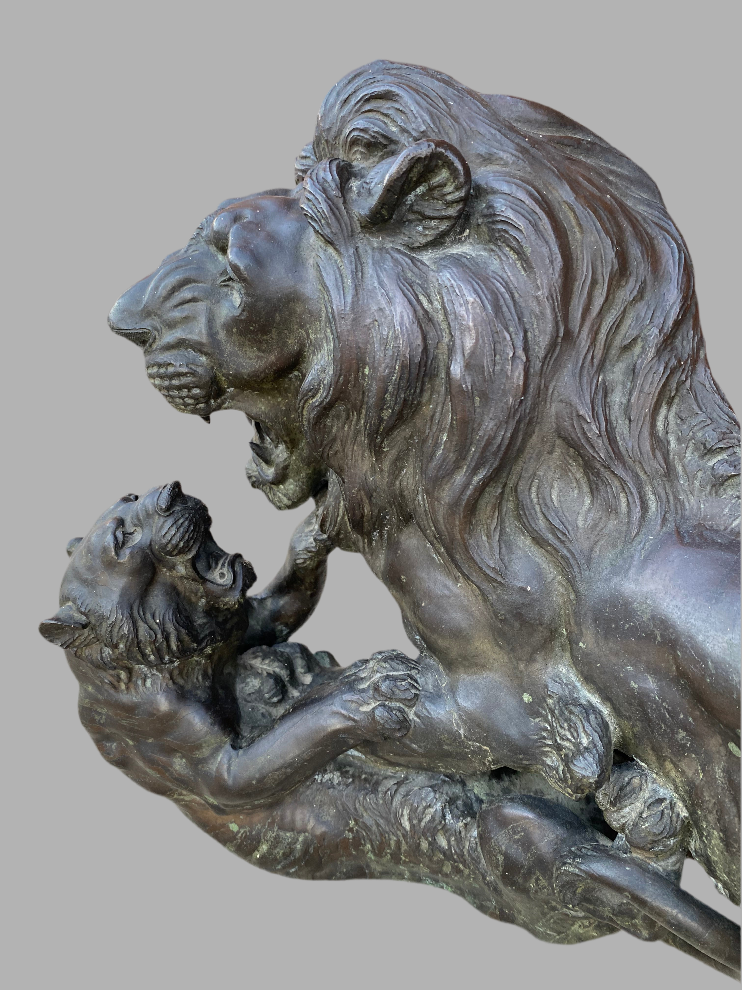 Antique Japanese Bronze Sculpture of Roaring Lion vs. Tiger