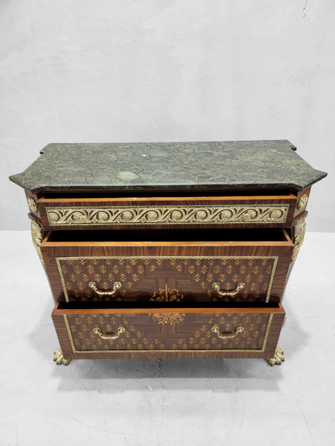 Antique French Empire Style Marquetry Inlay Chest Commode
