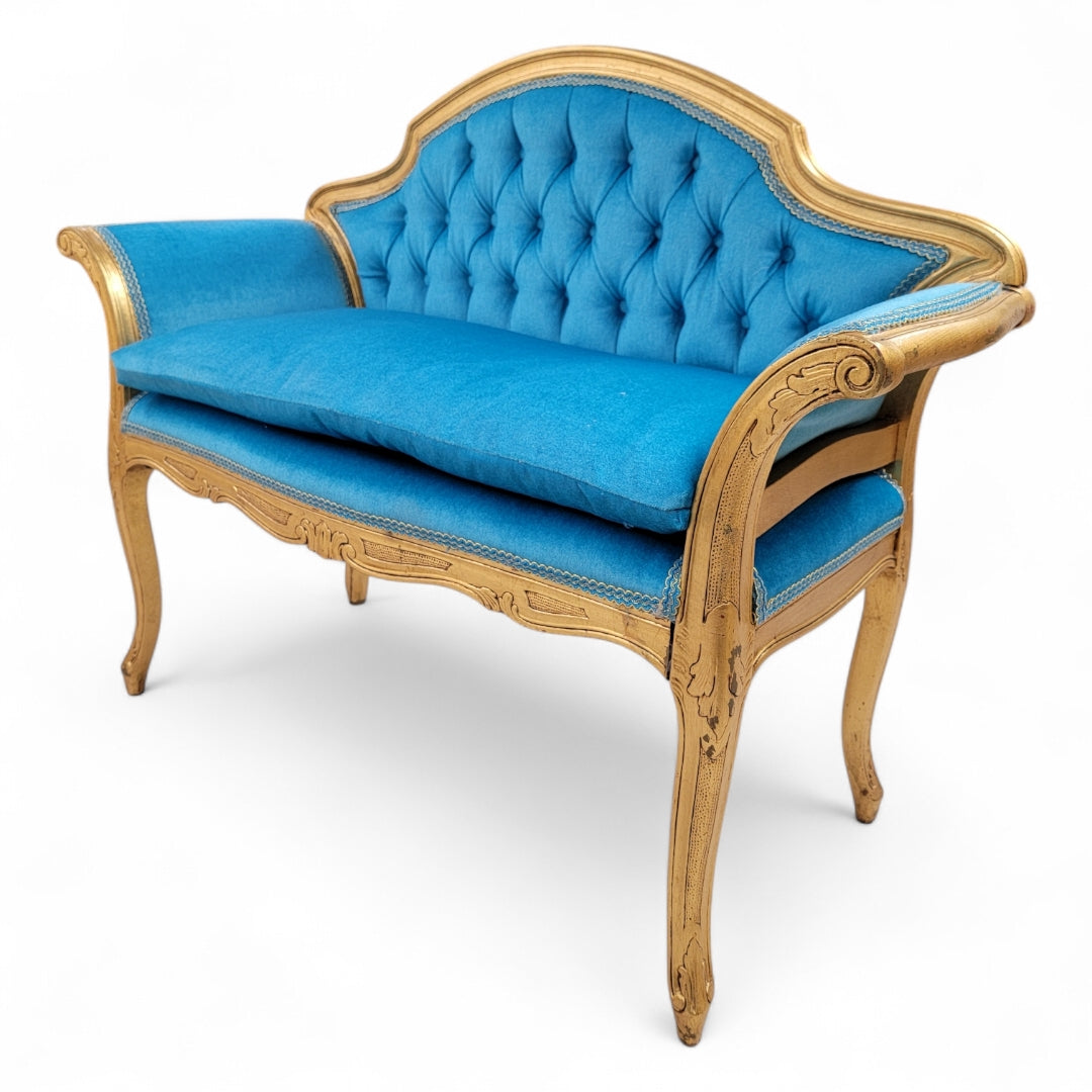 Antique French Regency Gold Gilded Tufted Petite Bench Newly Reupholstered Emerald Teal Mohair