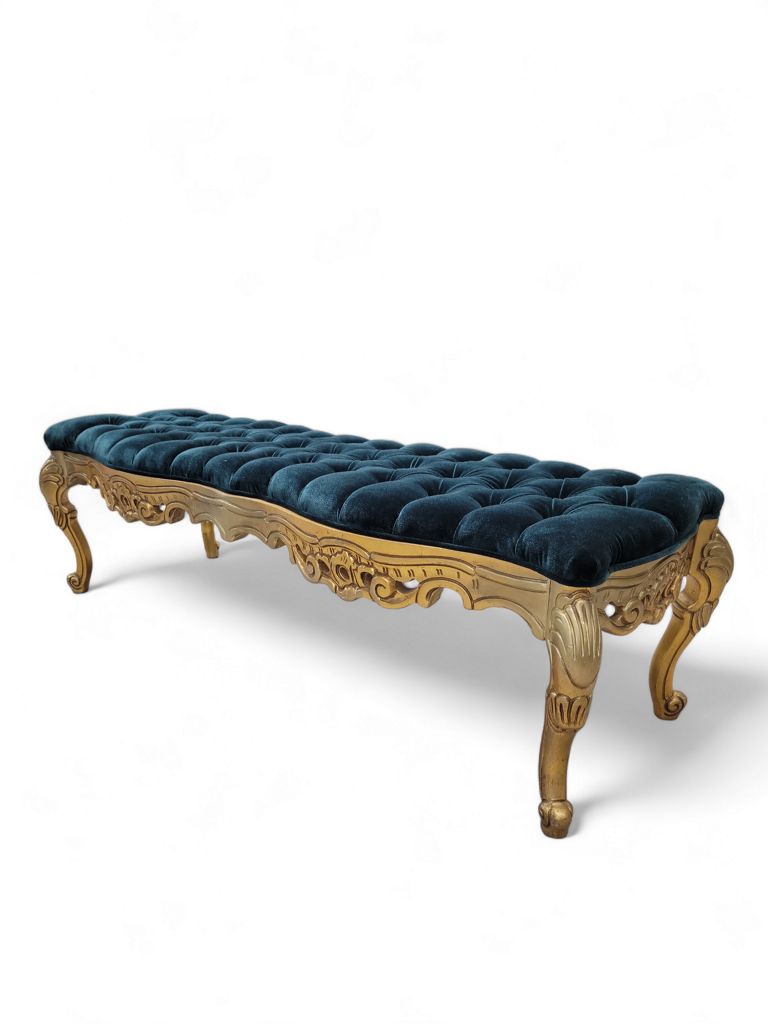 Antique Italian Rococo Style Carved Gilt Tufted Bench Newly Reupholstered in Velvet