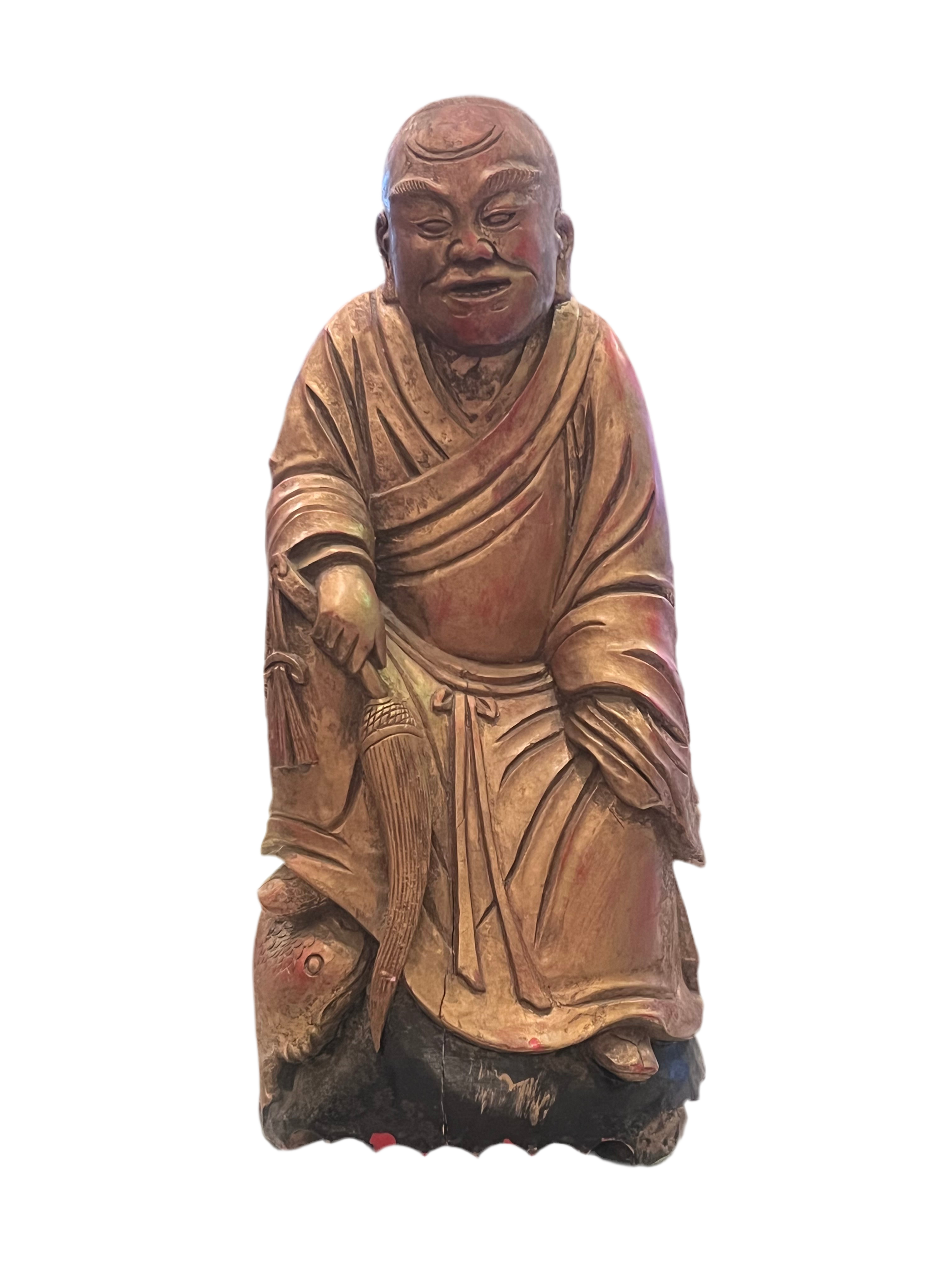 Antique Chinese Wood Hand Carved Monk Figurine
