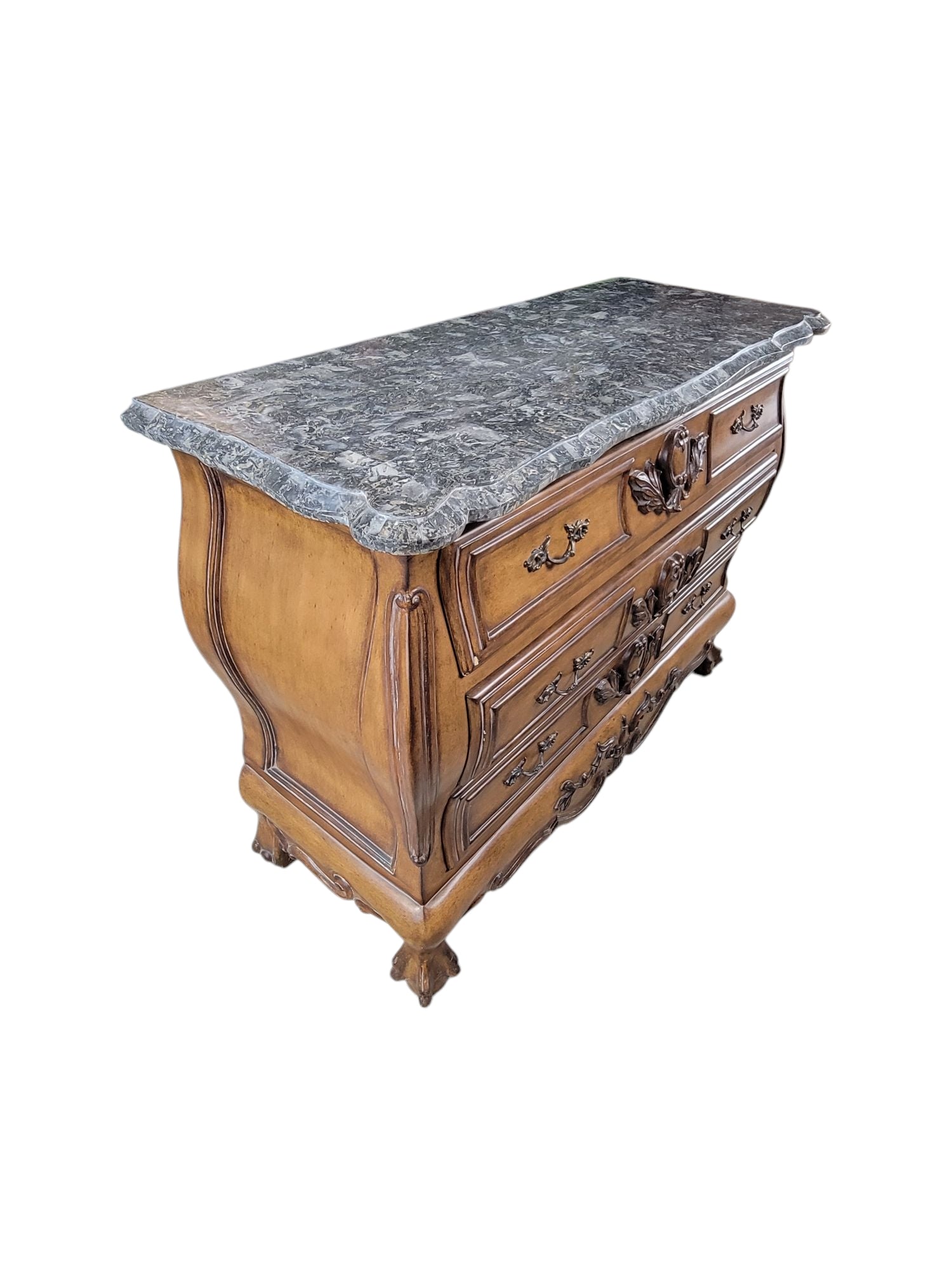 New - Vintage French Provincial Style Carved Bombe Chest with Stone Top