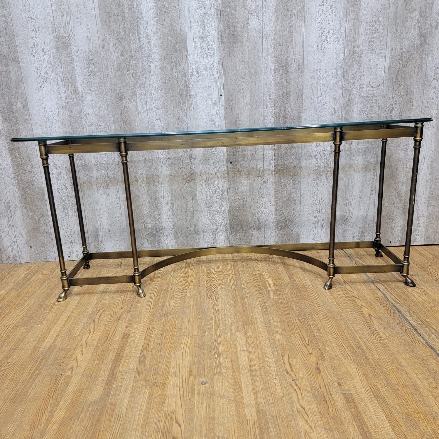 Hollywood Regency Maison Jansen LaBarge Style Brass Glass Top Console Table