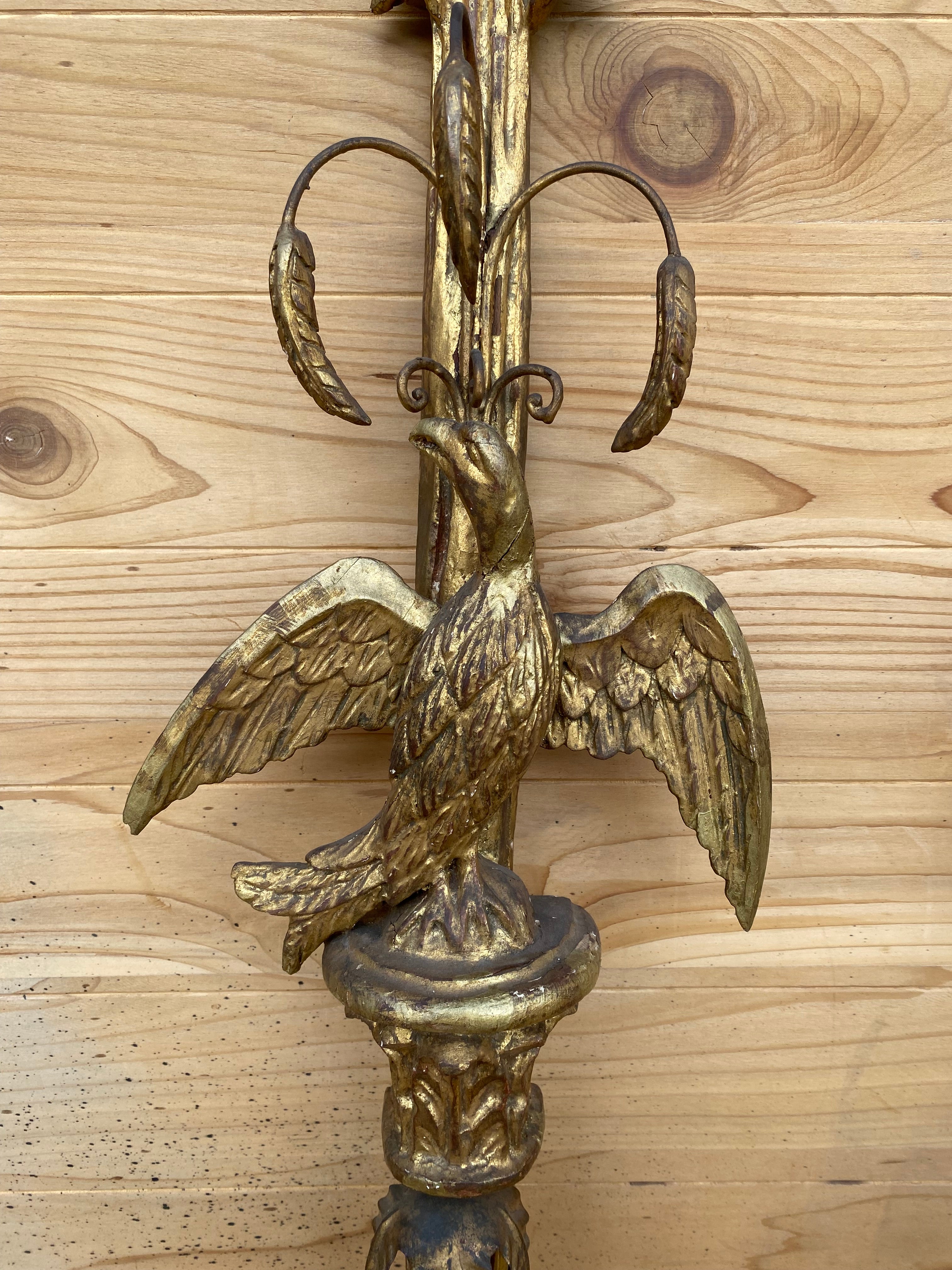 Antique Italian Federal Style Figural Carved Gold Gilded Candle Wall Sconce - Pair
