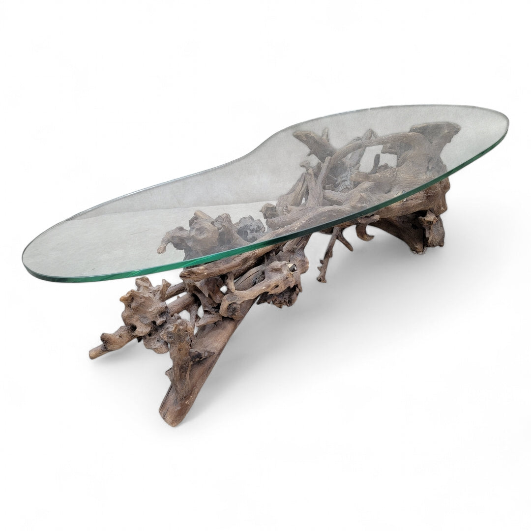 Mid Century Drift/Teak Root Live Edge Kidney Shape Glass Top Coffee Table