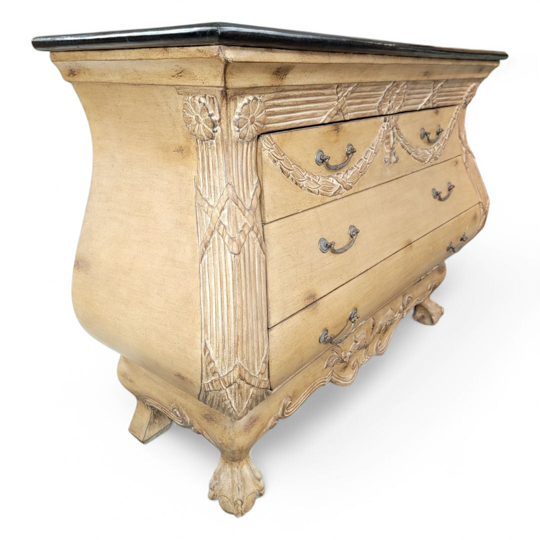 New - Vintage Italian Antiqued Style Carved Bombe Chest with Black Marble Stone Top