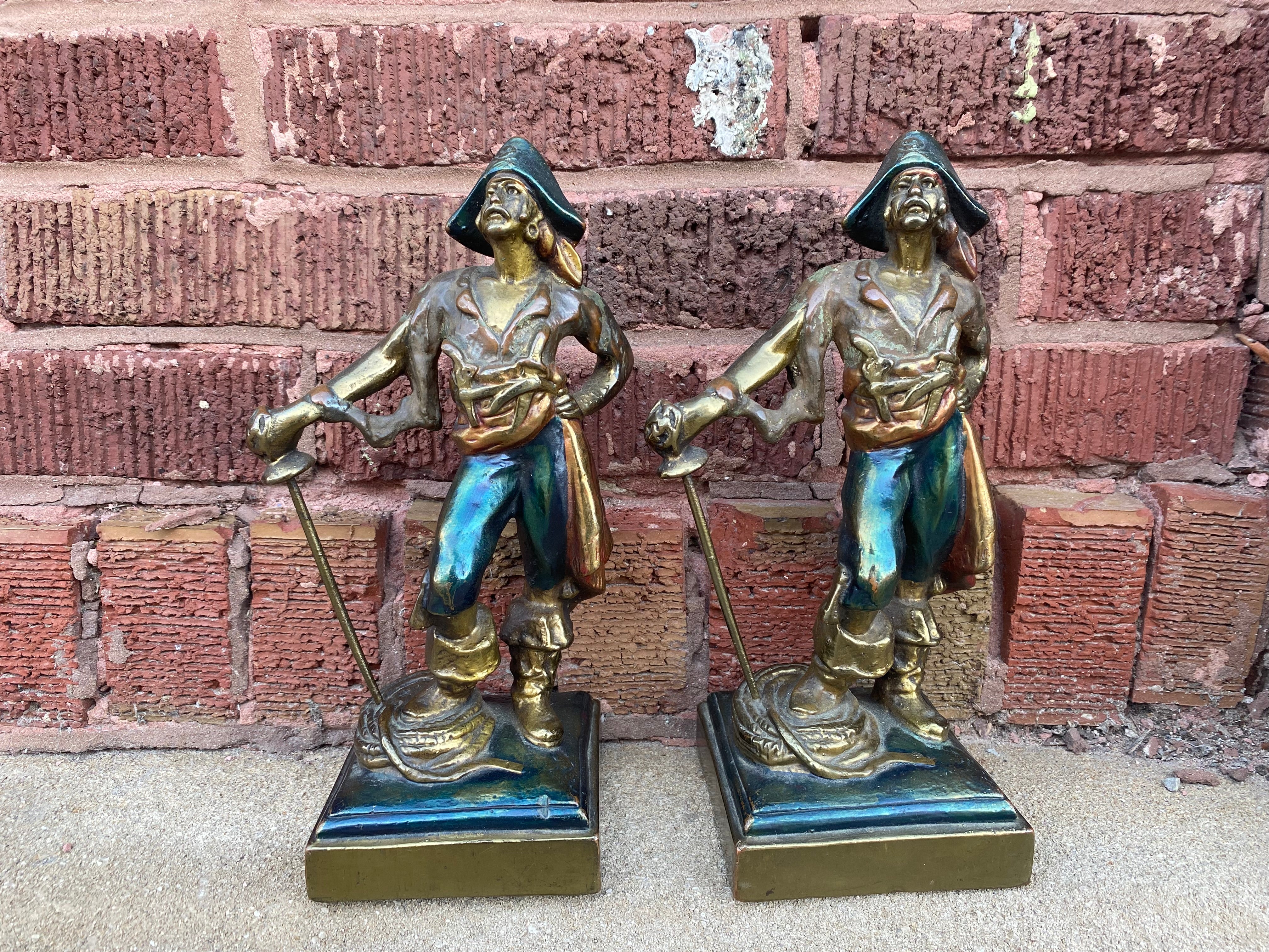 Antique German Bronze Pirate Bookends Signed by Paul Herzel
