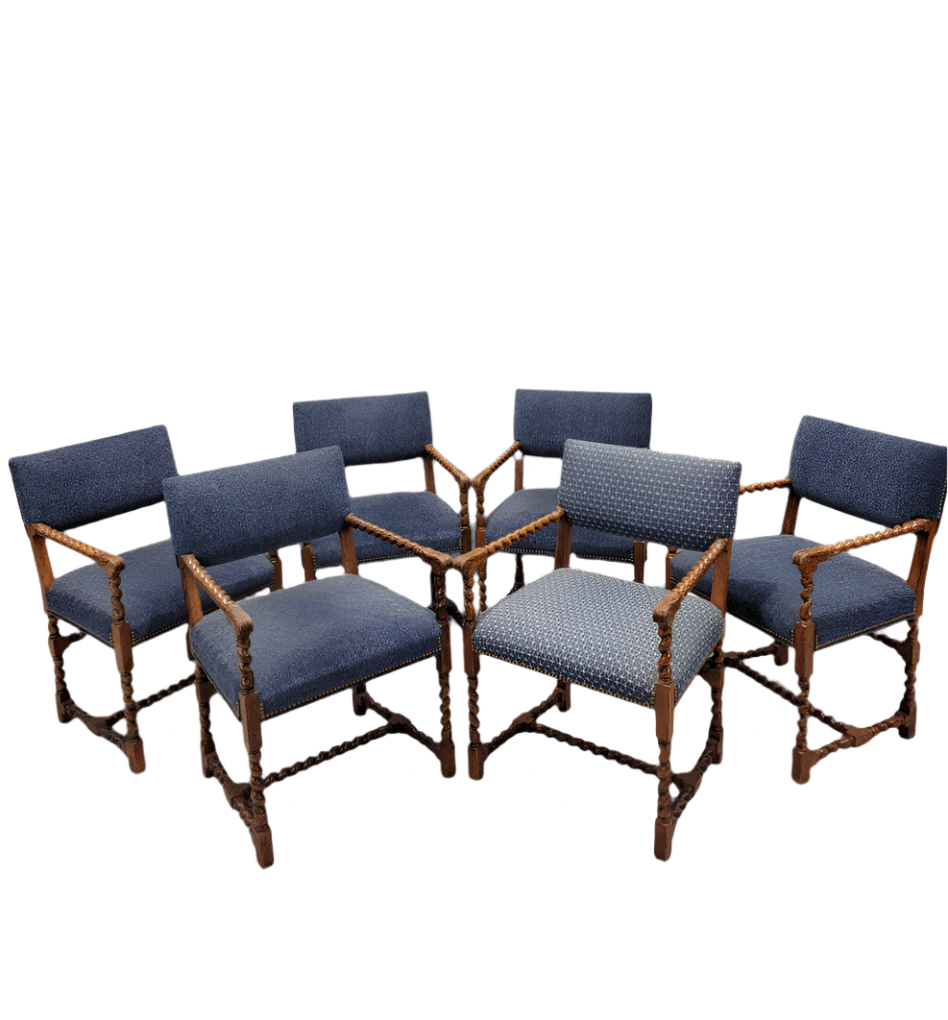 Vintage Baker Furniture English Oak Barley Twist Dining Chairs with Nailhead Finished - Set of 6