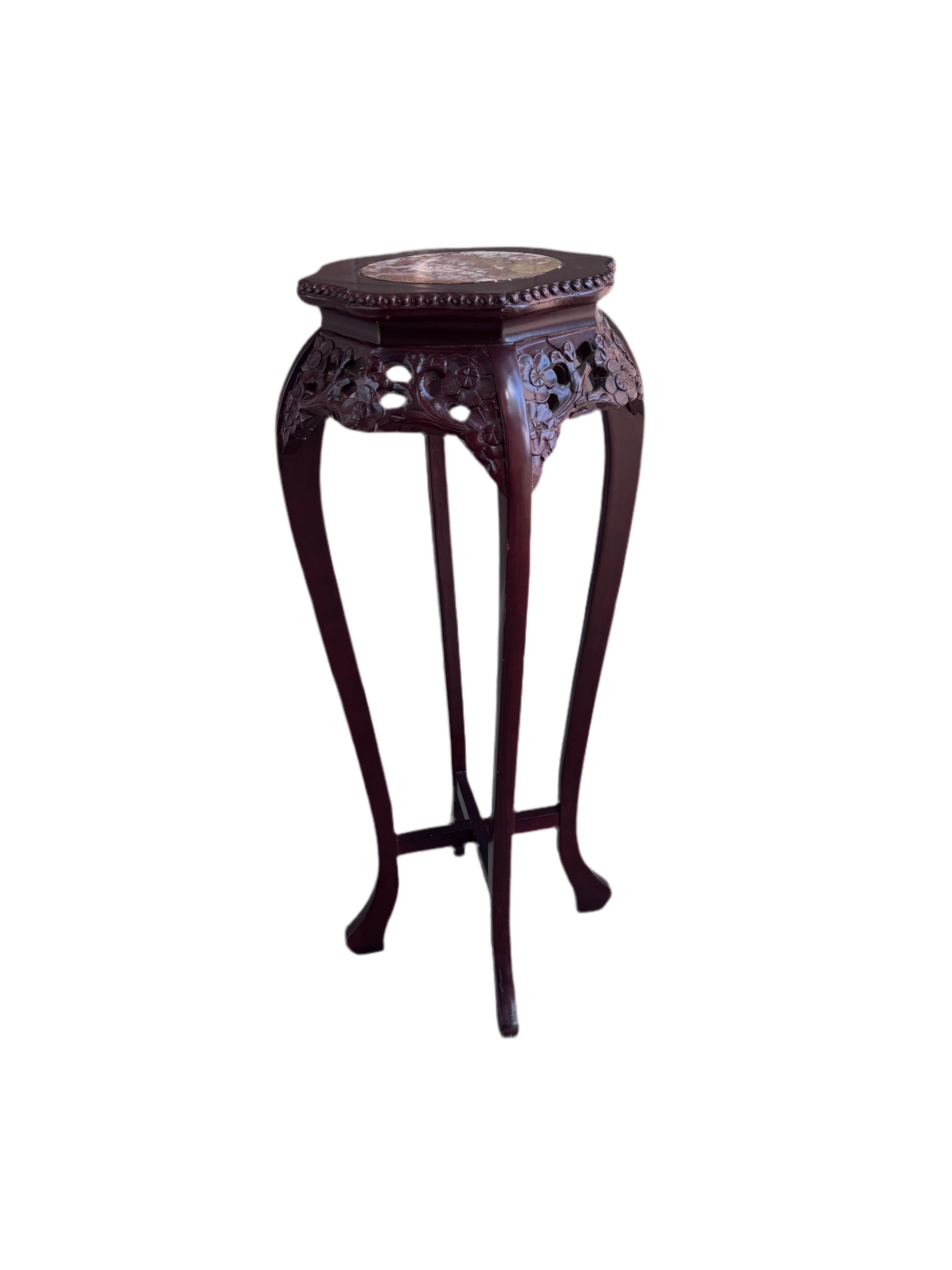 Antique Chinese Carved Marble Top Rosewood Pedestal Stand Table