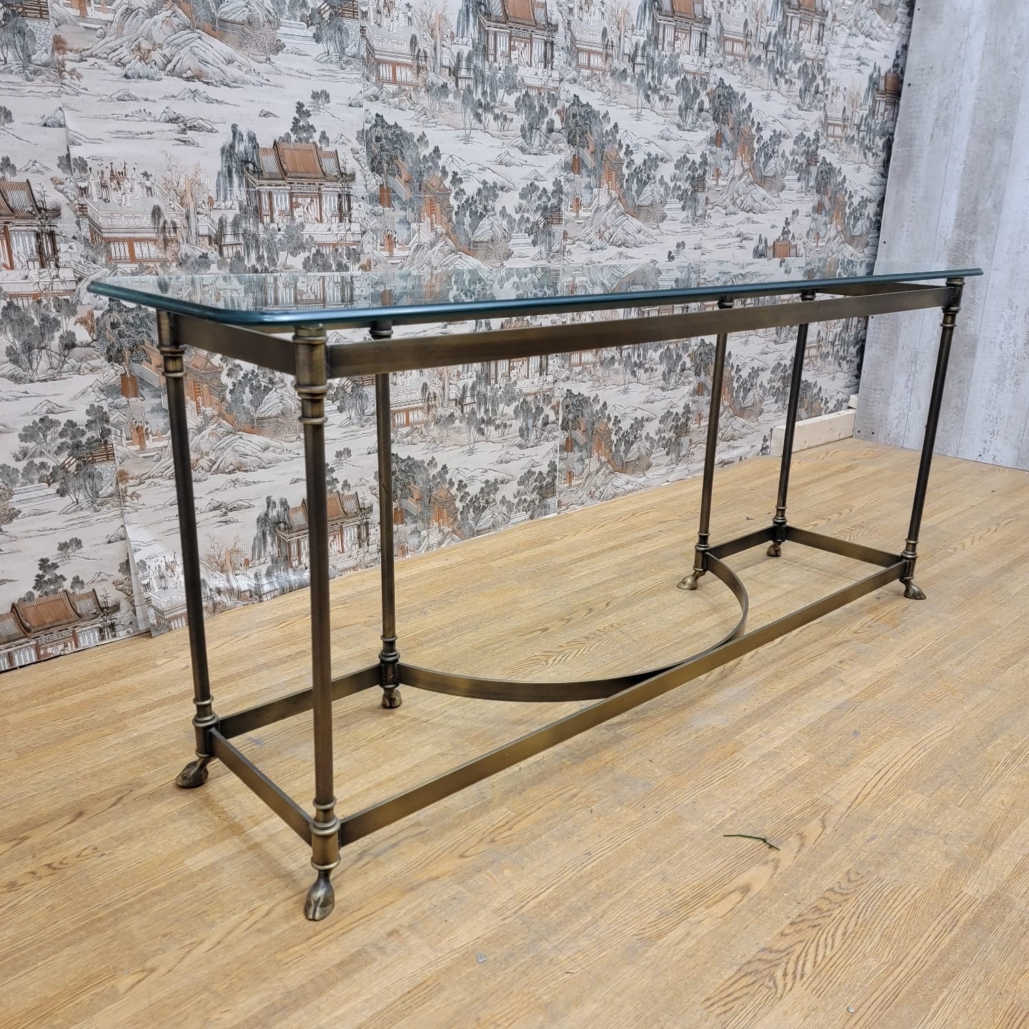 Hollywood Regency Maison Jansen LaBarge Style Brass Glass Top Console Table