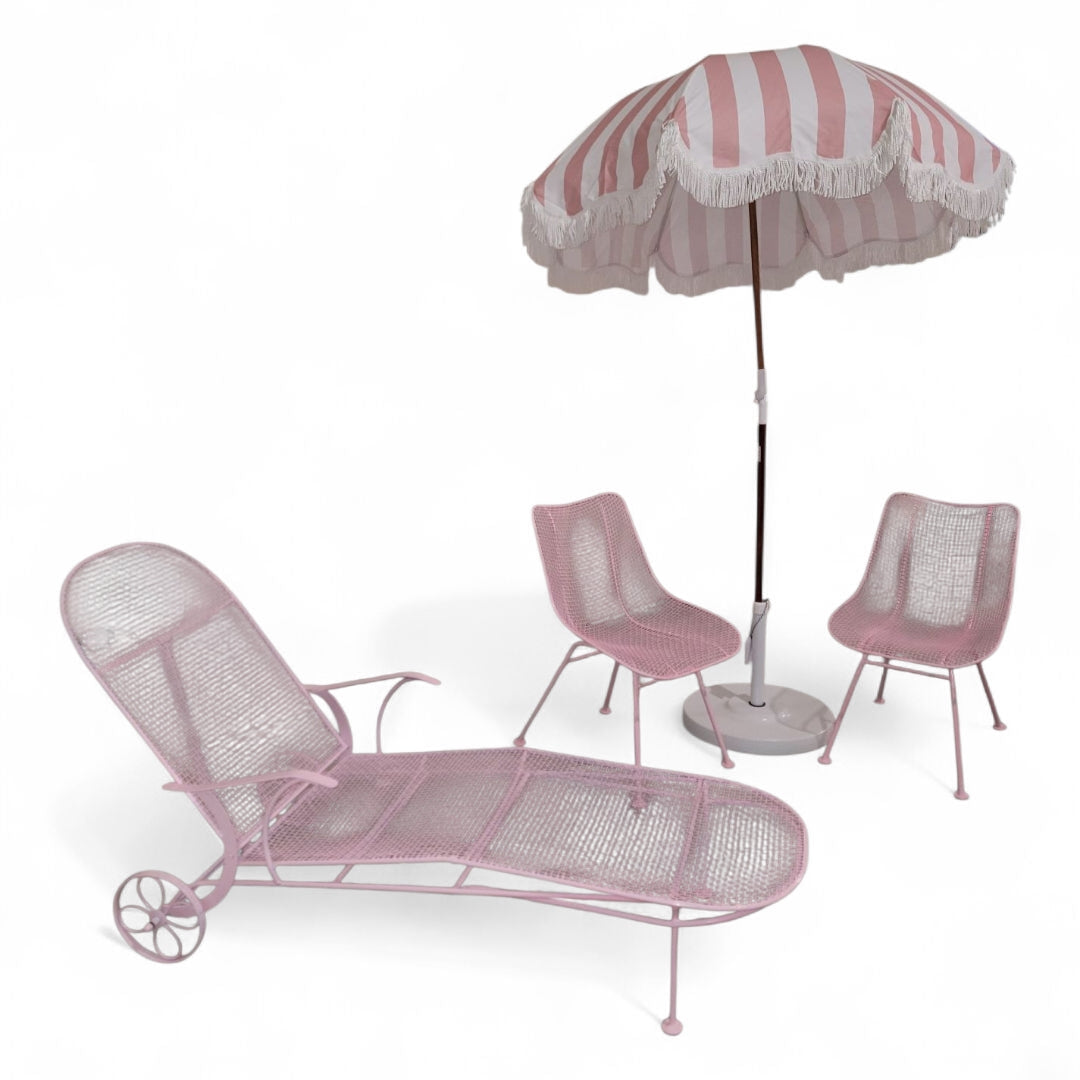 Mid Century Modern Of Russel Woodard Wire Mesh Sculptural Collection Patio Chairs, Pool Lounge Chair and Umbrella