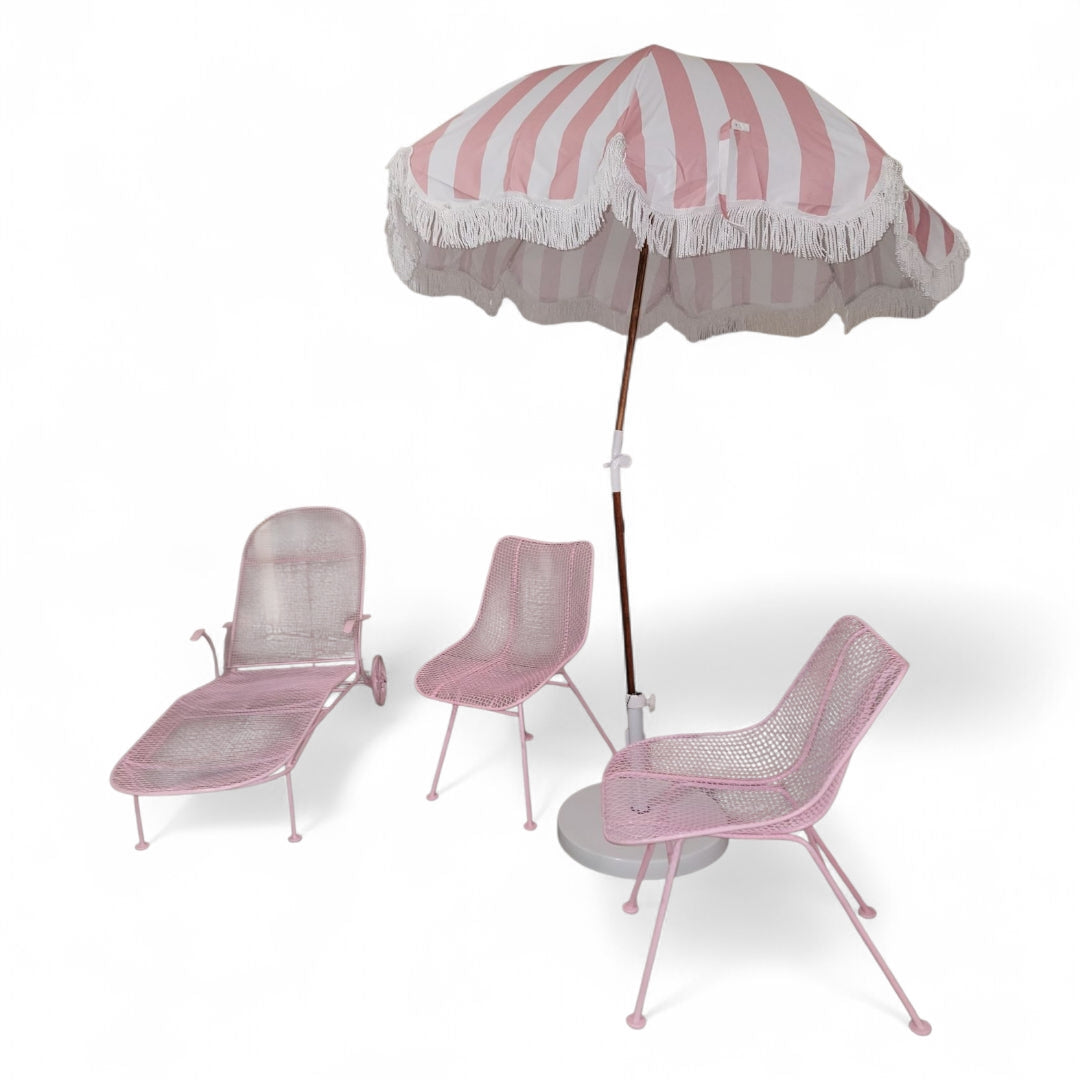Mid Century Modern Of Russel Woodard Wire Mesh Sculptural Collection Patio Chairs, Pool Lounge Chair and Umbrella
