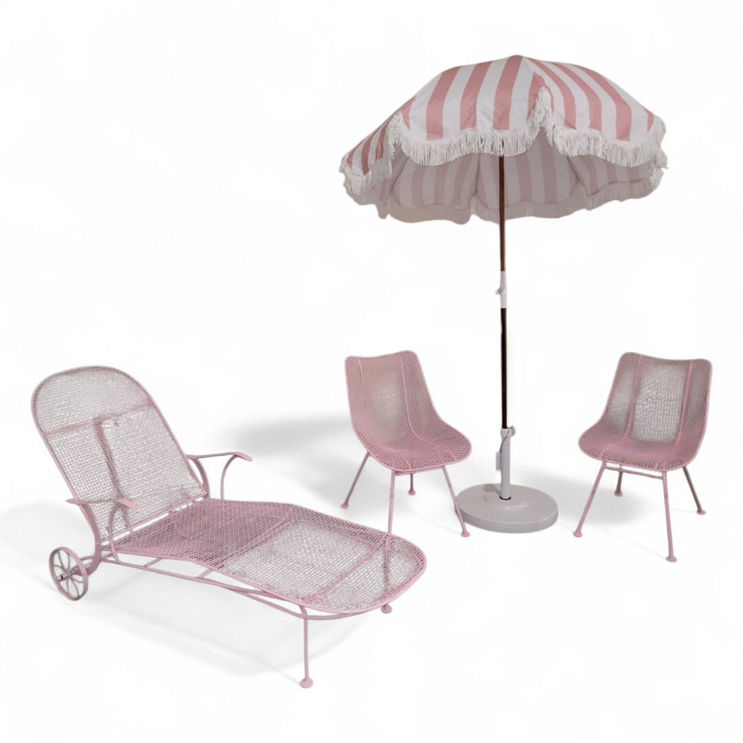 Mid Century Modern Of Russel Woodard Wire Mesh Sculptural Collection Patio Chairs, Pool Lounge Chair and Umbrella