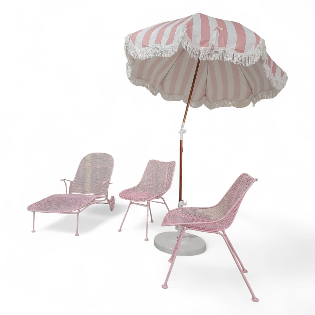 Mid Century Modern Of Russel Woodard Wire Mesh Sculptural Collection Patio Chairs, Pool Lounge Chair and Umbrella