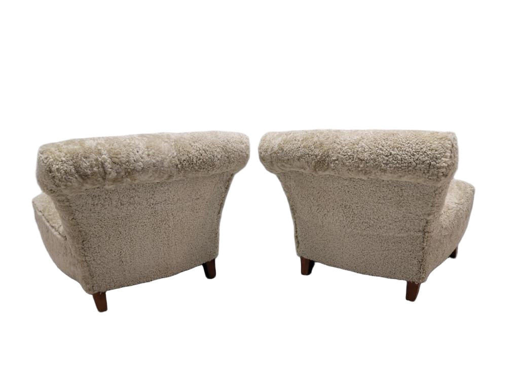 Mid Century Modern Swedish Scroll Back Slipper Chairs Newly Reupholstered in Natural Sheep Wool - Pair