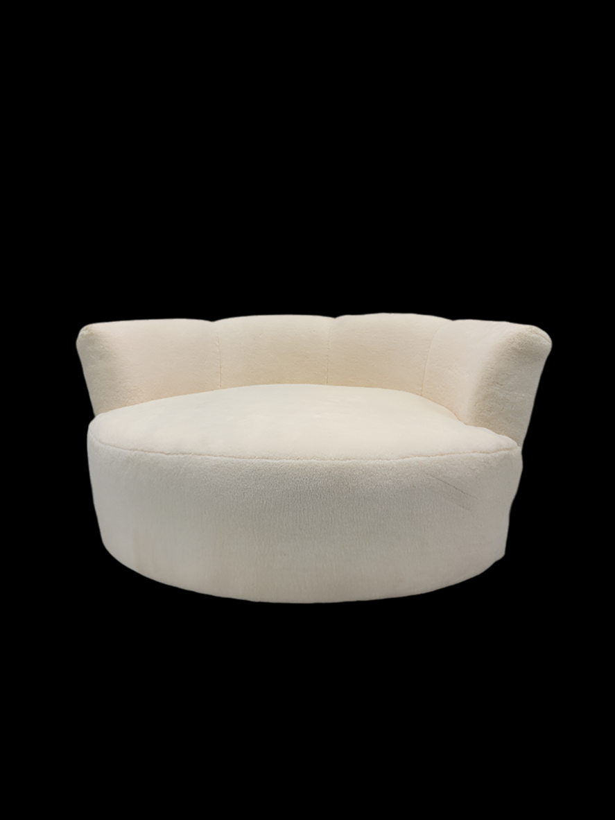 Mid Century Modern Milo Baughman Style Swivel Love Lounge Newly Reupholstered Natural Sherling