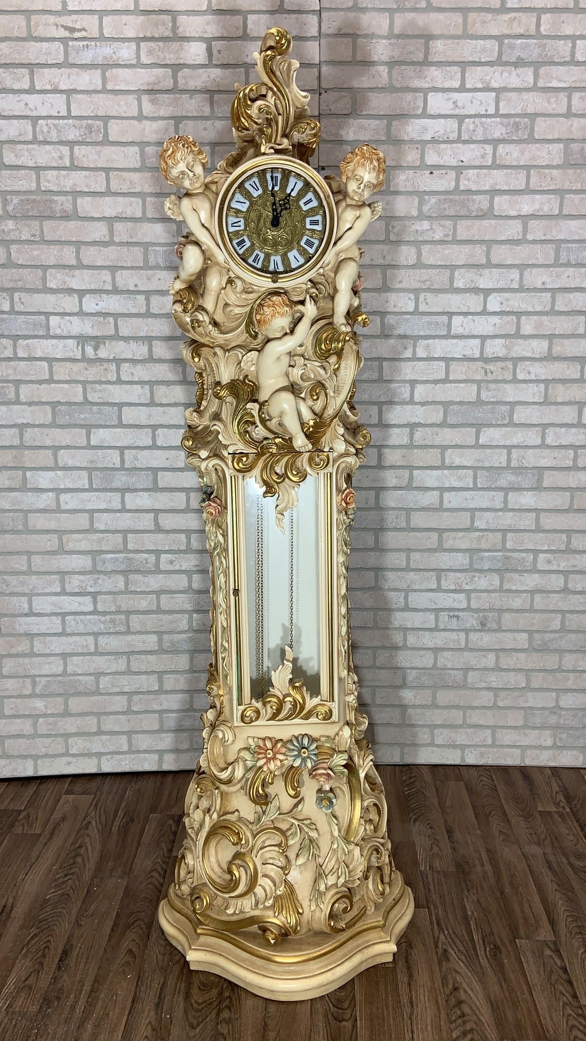 Vintage Italian Rococo Hand Carved and Painted Cherub/Angel Grandfathers Clock