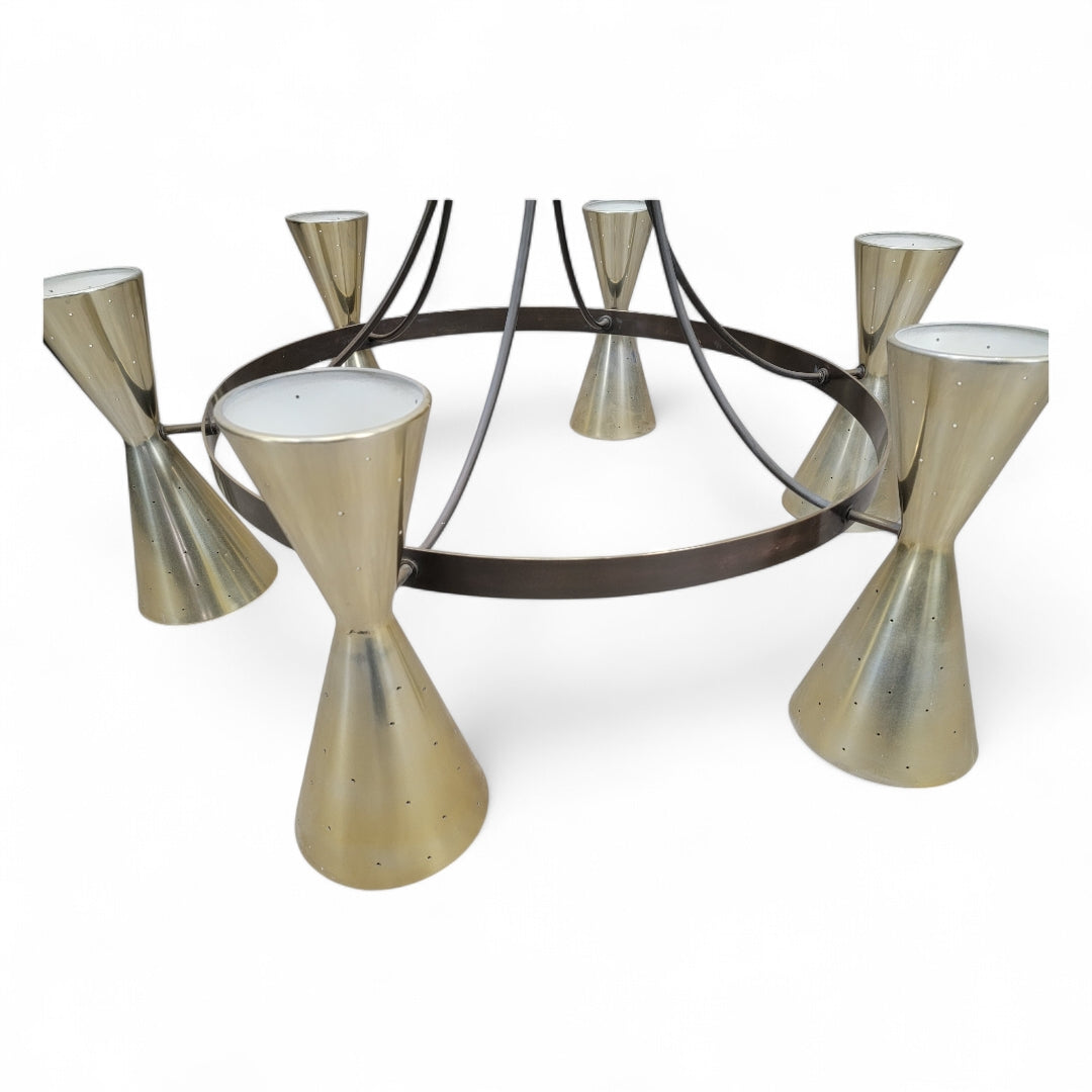 Mid Century Modern Atomic Brass Finish 6 Hourglass Double Sided Cone Chandelier