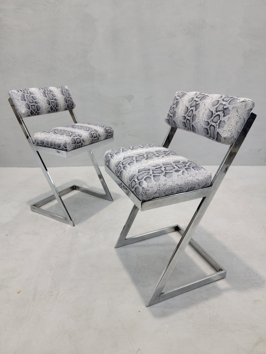 Mid Century Modern Milo Baughman DIA Style Chrome Z Flat-Bar Cantilevered Chairs Newly Reupholstered in Leather- Pair