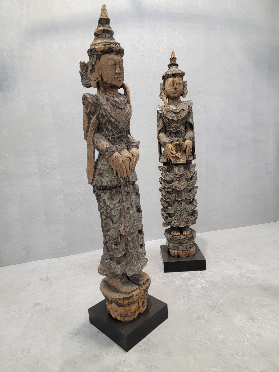 Antique Burmese Tall Monastic Attendant Sculptures w/ Carved and Lacquered Wood and Inlaid Colored Glass- Set of 2