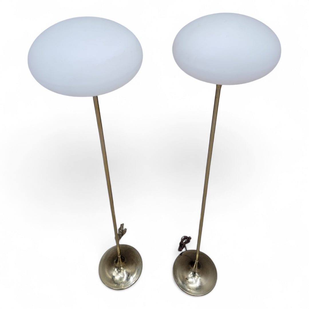 Mid Century Modern Laurel Brass Tulip Base with Milk-Glass Shade Mushroom Floor Lamps - Pair