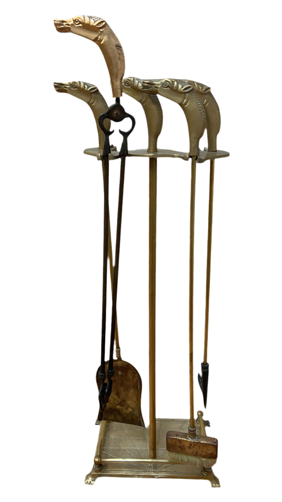 Vintage French Neoclassical Style Brass Horses Head Fireplace Tools