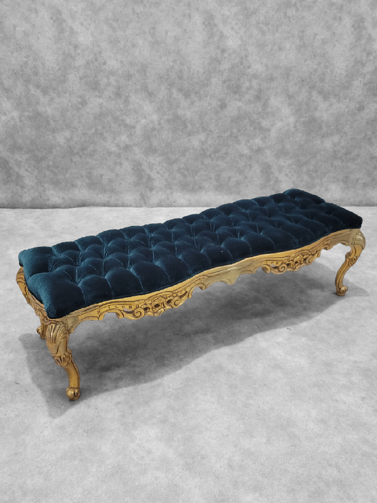 Antique Italian Rococo Style Carved Gilt Tufted Bench Newly Reupholstered in Velvet