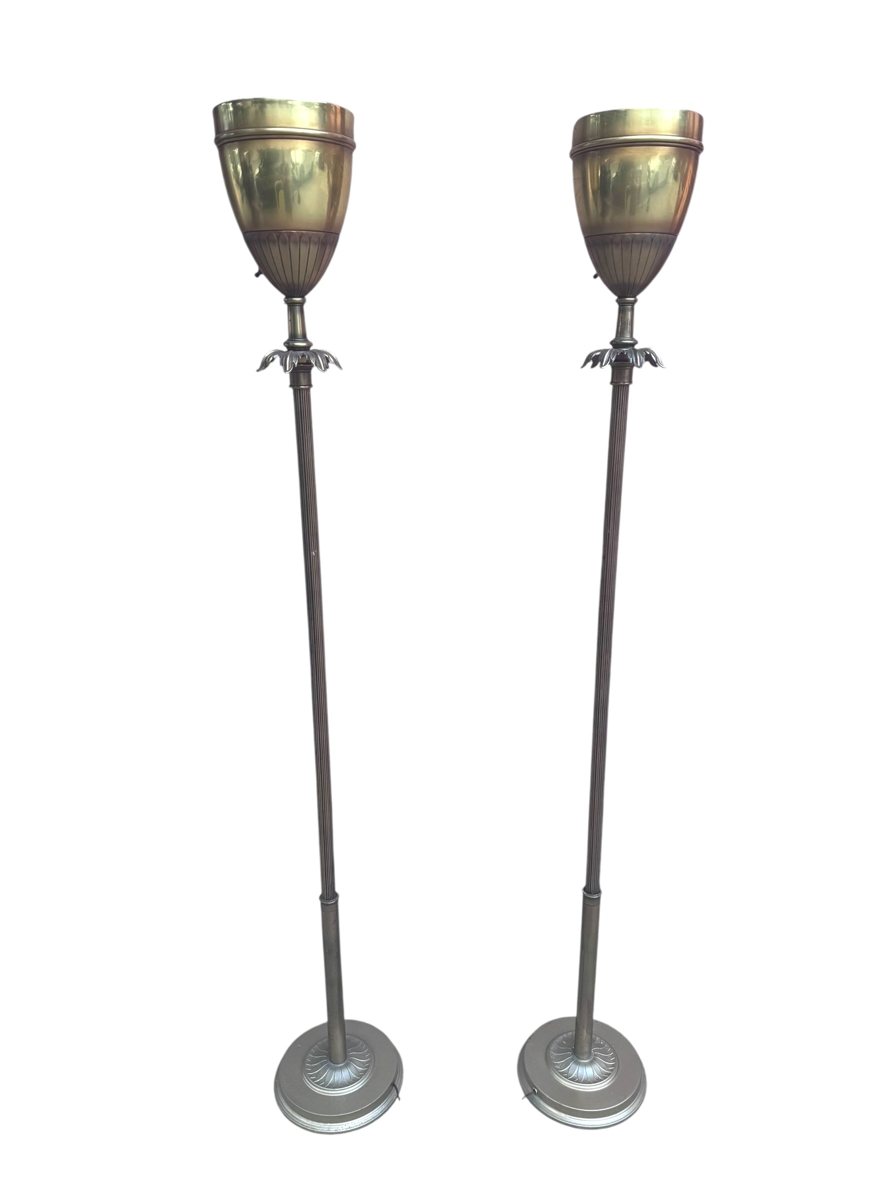 Hollywood Regency Brass Uplight Torchiere Floor Lamp - Pair