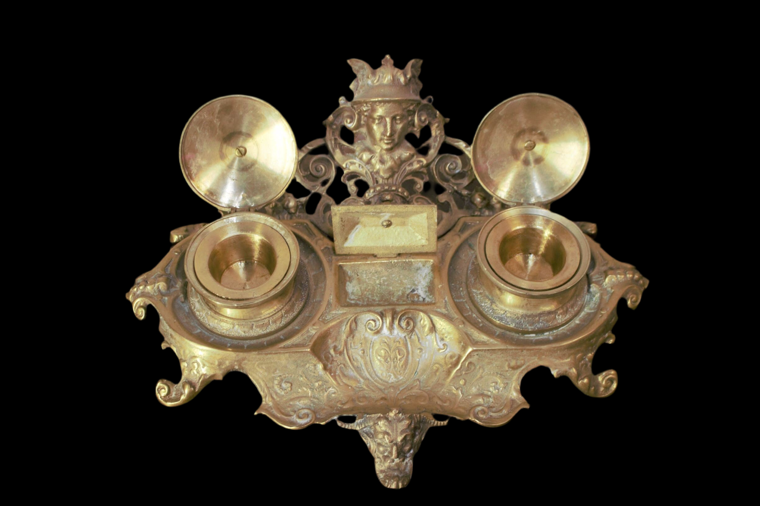 Antique French Figural Louis XV Style Bronze Double Inkstand with Pen Holder