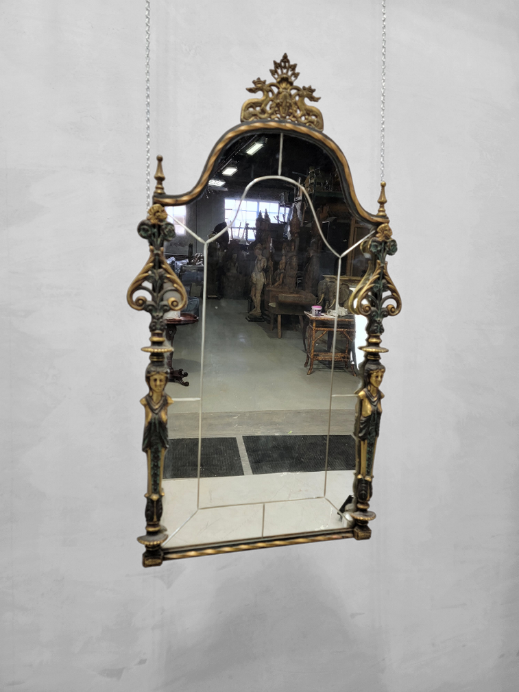 Antique Oscar Bach Style Ornate Figural Bronze Onyx Console with Beveled Wall Mirror - Set of 2