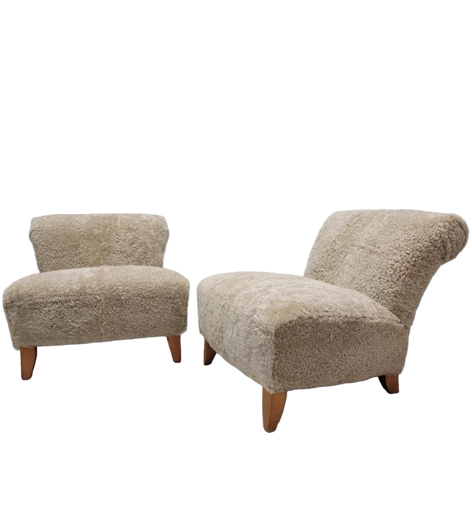Mid Century Modern Swedish Scroll Back Slipper Chairs Newly Reupholstered in Natural Sheep Wool - Pair