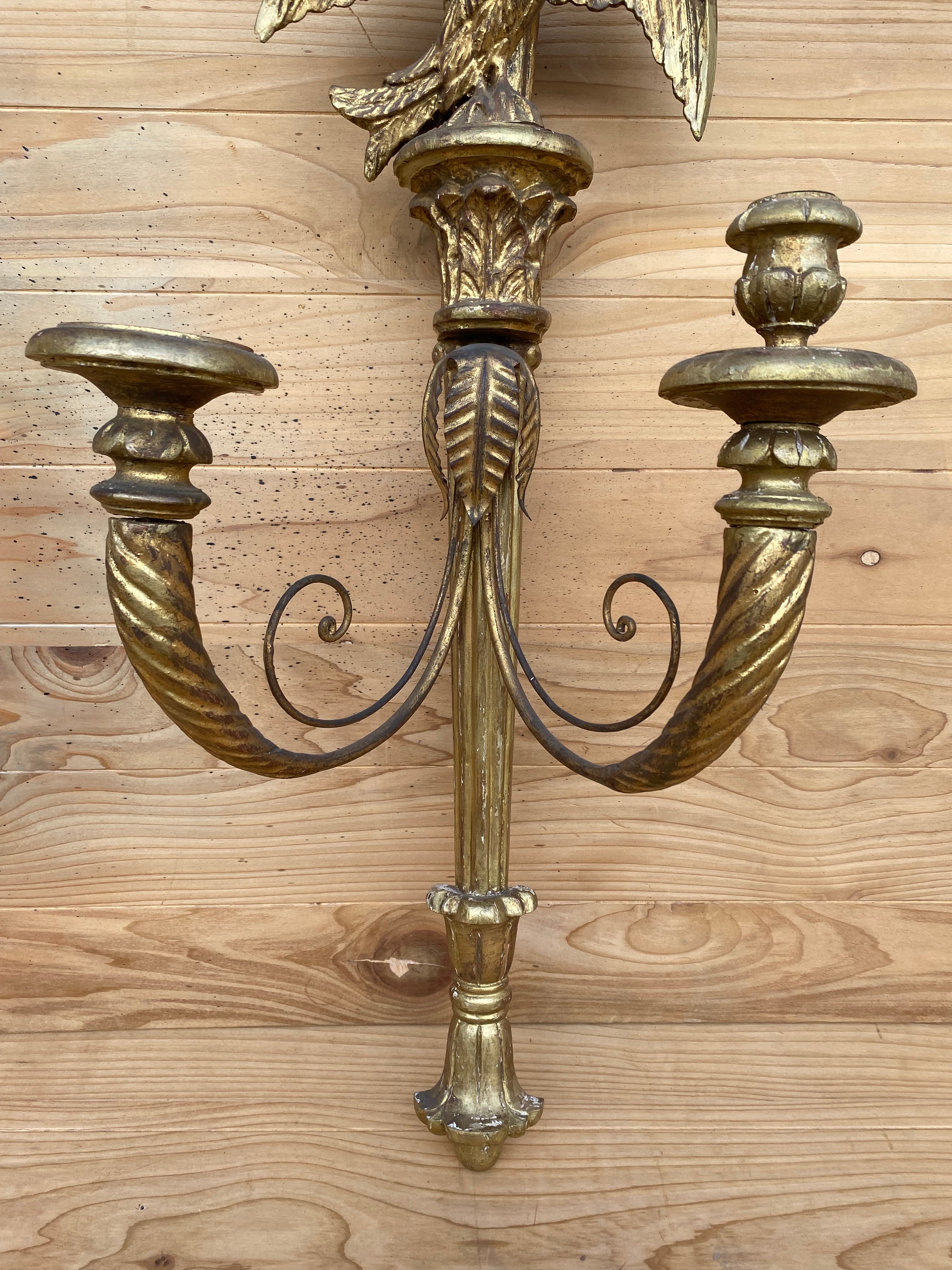 Antique Italian Federal Style Figural Carved Gold Gilded Candle Wall Sconce - Pair