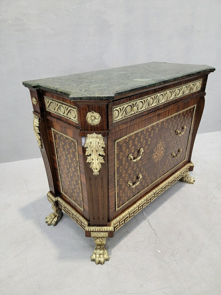 Antique French Empire Style Marquetry Inlay Chest Commode