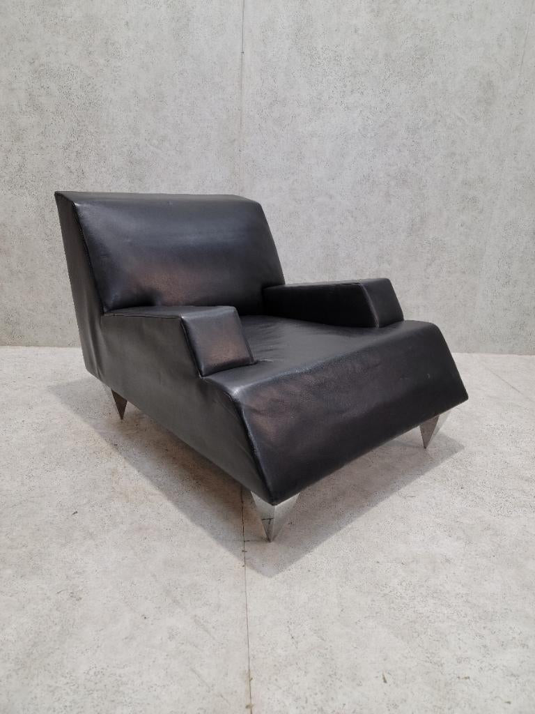 Vintage Black Leather Lounge Chair and Chaise Lounge by Catherine Chanicci - 2 Piece Set