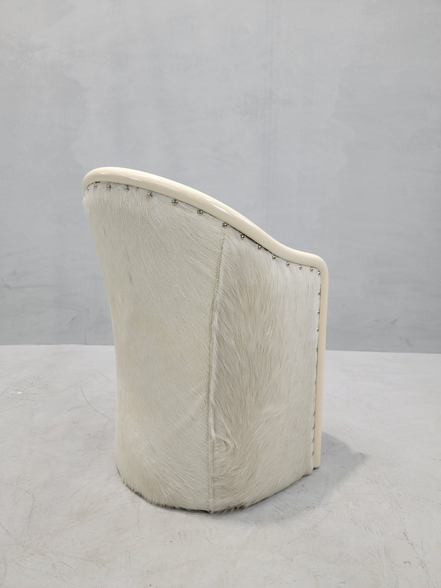 Vintage Italian Cream Lacquer Barrel Back Occasional Chair by Tonon Newly Reupholstered in Cowhide