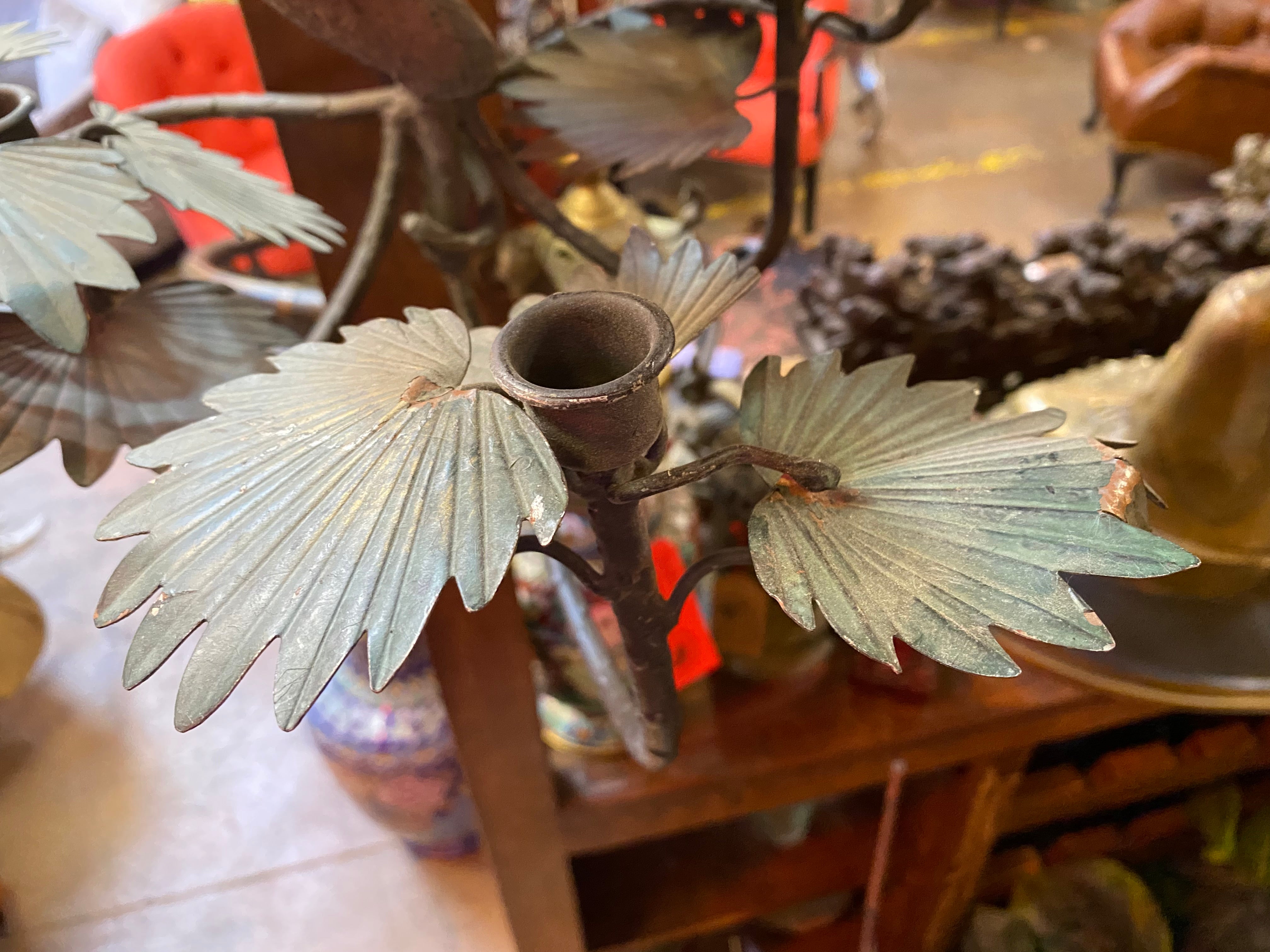 Vintage Hollywood Regency Italian Cast Iron Monkey Palm Wall Sconces - Pair