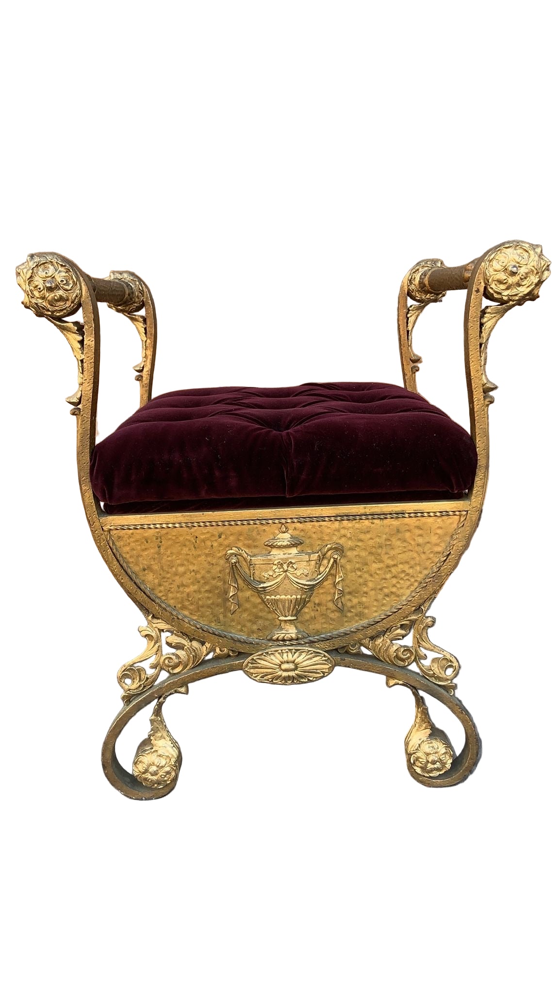 Antique Italian Renaissance Ornate Tufted Gild Bench Newly Reupholstered