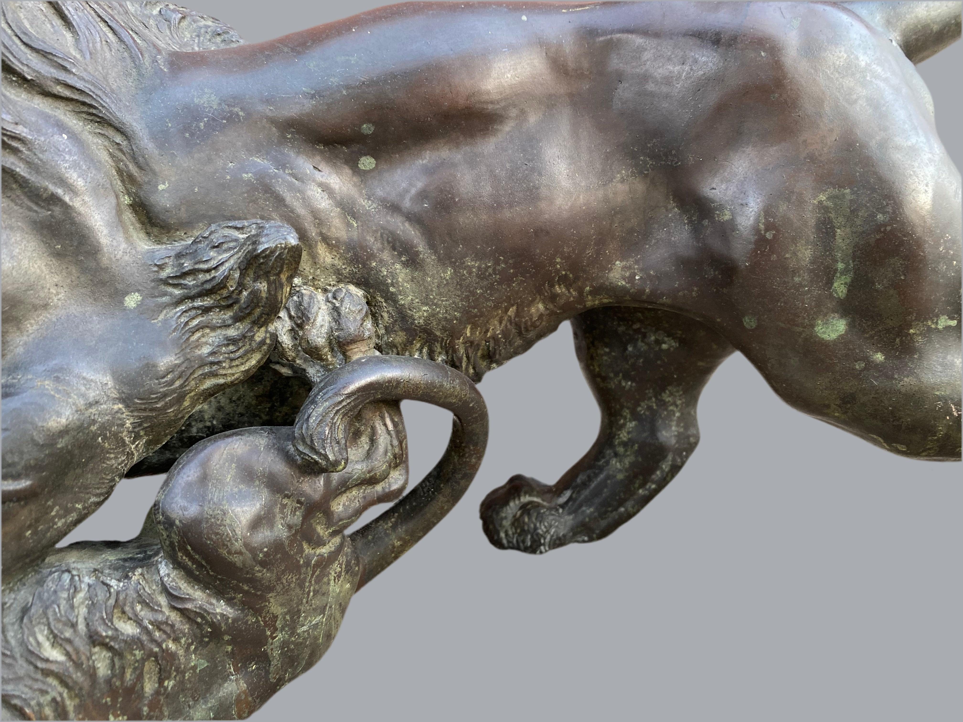 Antique Japanese Bronze Sculpture of Roaring Lion vs. Tiger