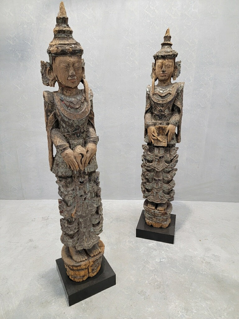 Antique Burmese Tall Monastic Attendant Sculptures w/ Carved and Lacquered Wood and Inlaid Colored Glass- Set of 2