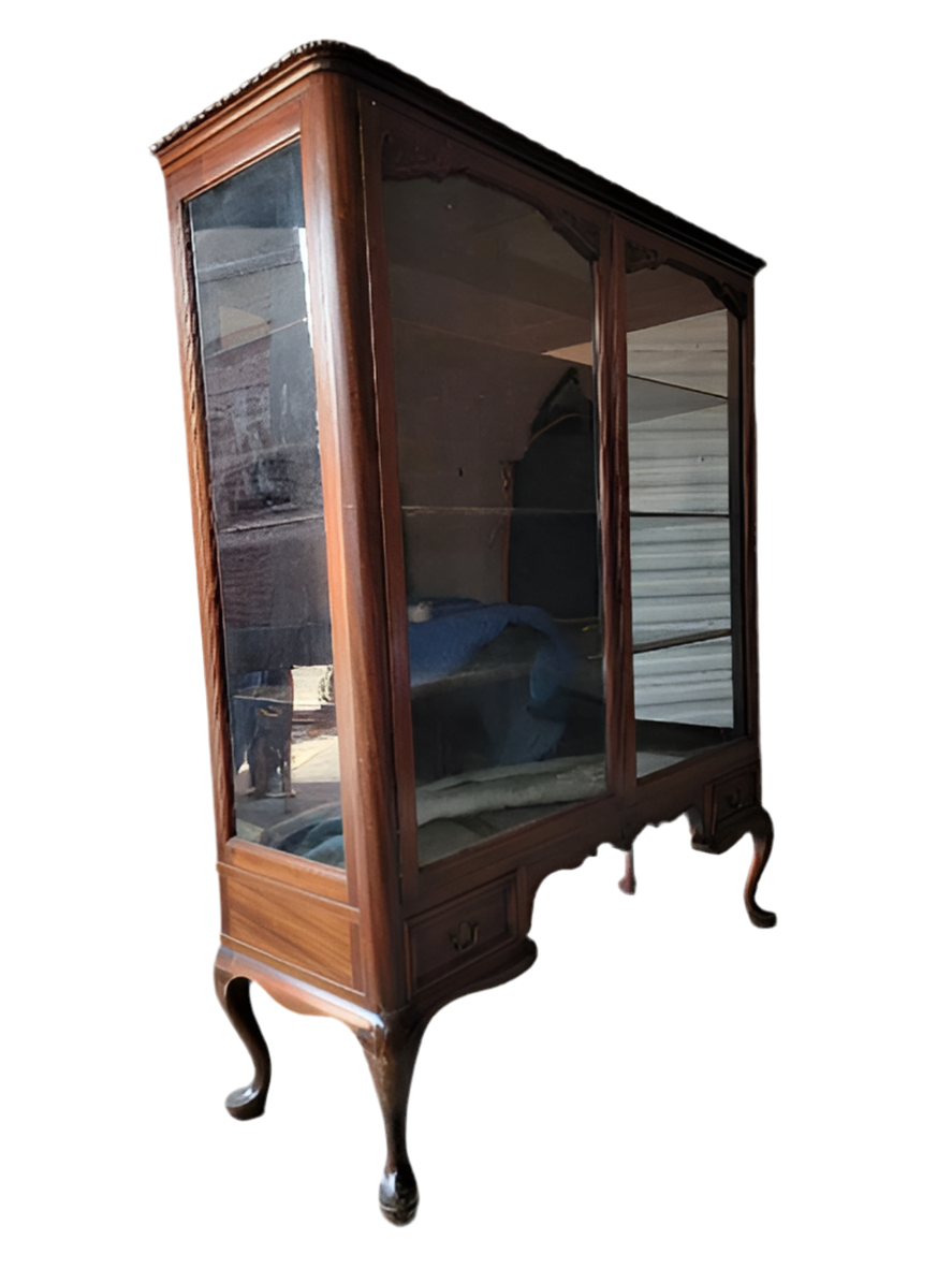 Antique Queen Anne Style Mahogany Glass Panel 2 Door Bookcase/Display Cabinet